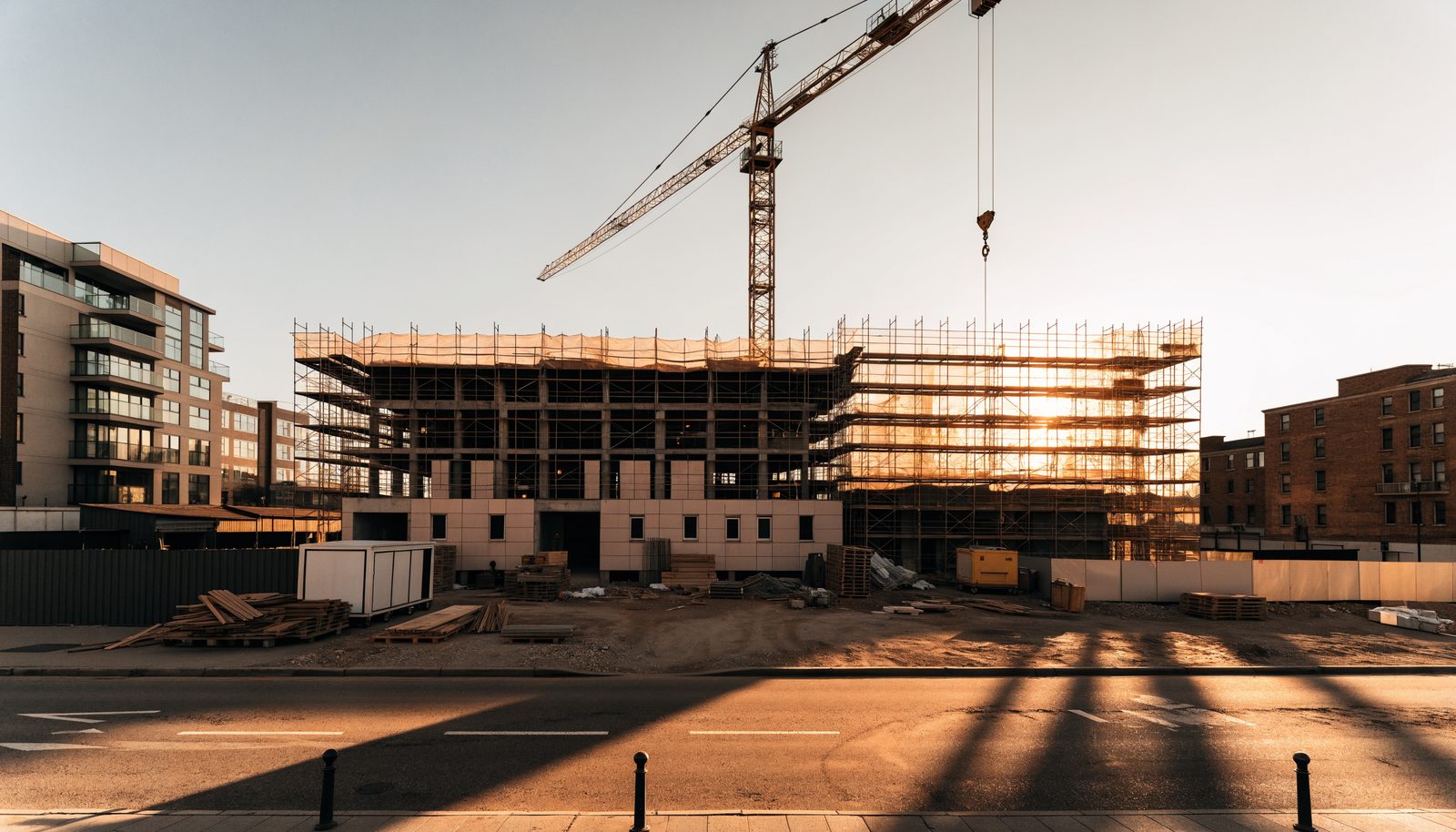 An All Pro Alliance site under construction at golden hour, tower crane above the partly clad frame
