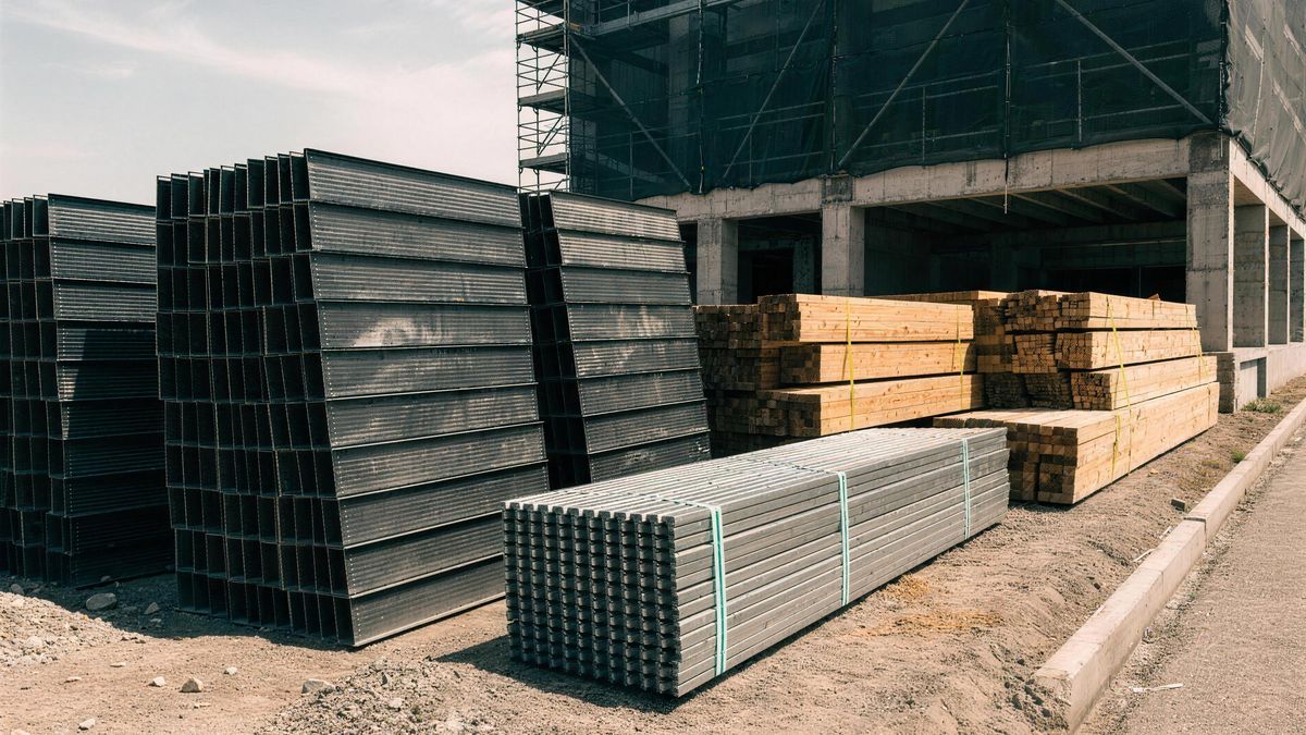 Cladding panels and materials staged on site
